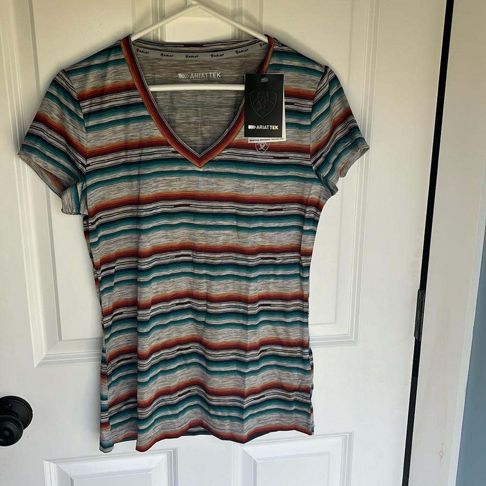Ariat Striped V-Neck Tee in Teal, Rust, Cream